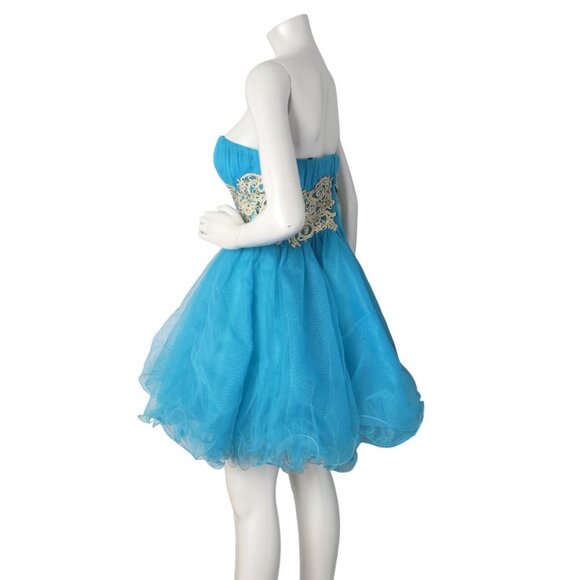 ORIGINAL Tulle Jeweled Prom Evening Dress Organza Strapless Short Gold Blue - Picture 6 of 8